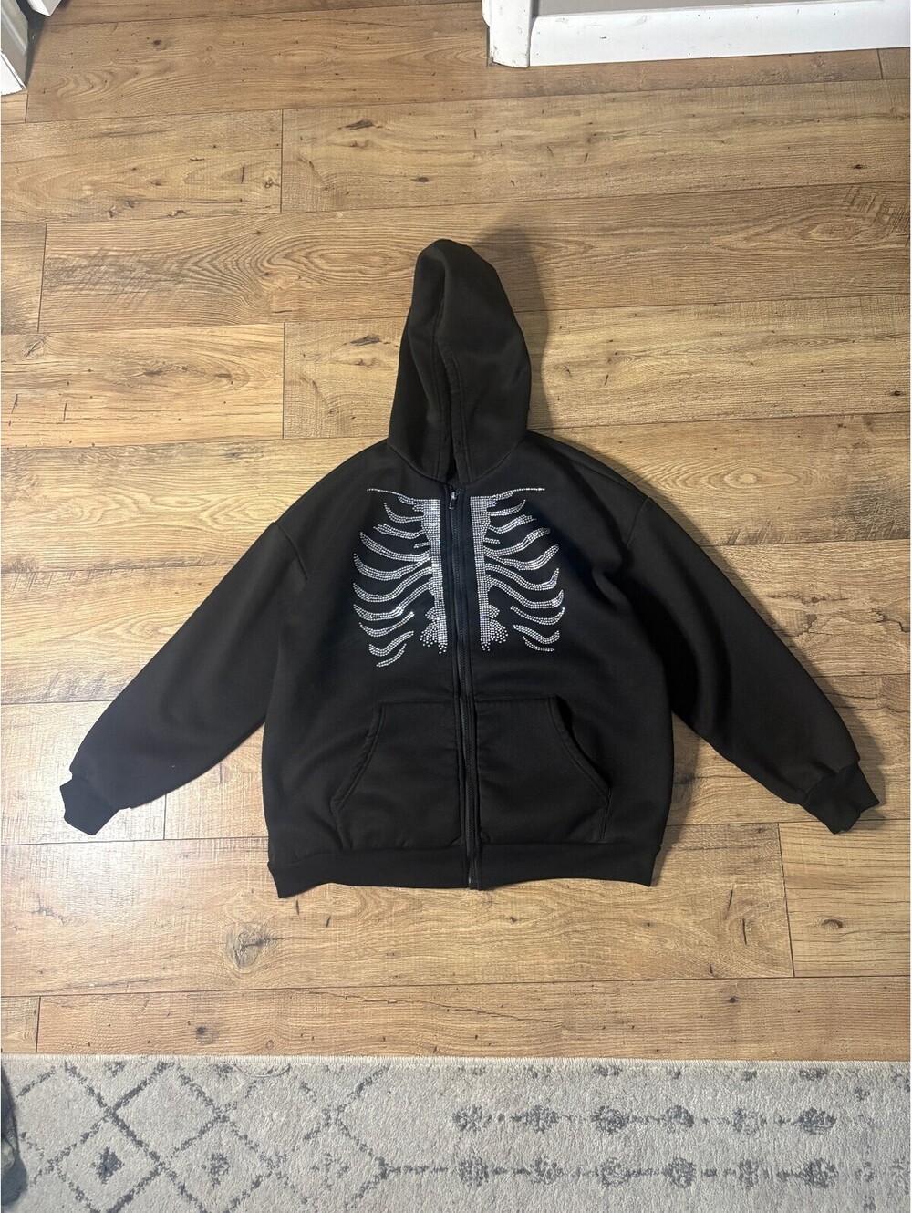 SHEIN Black Skeleton Print Zip-Up Hoodie Y2k Medium Alt Style